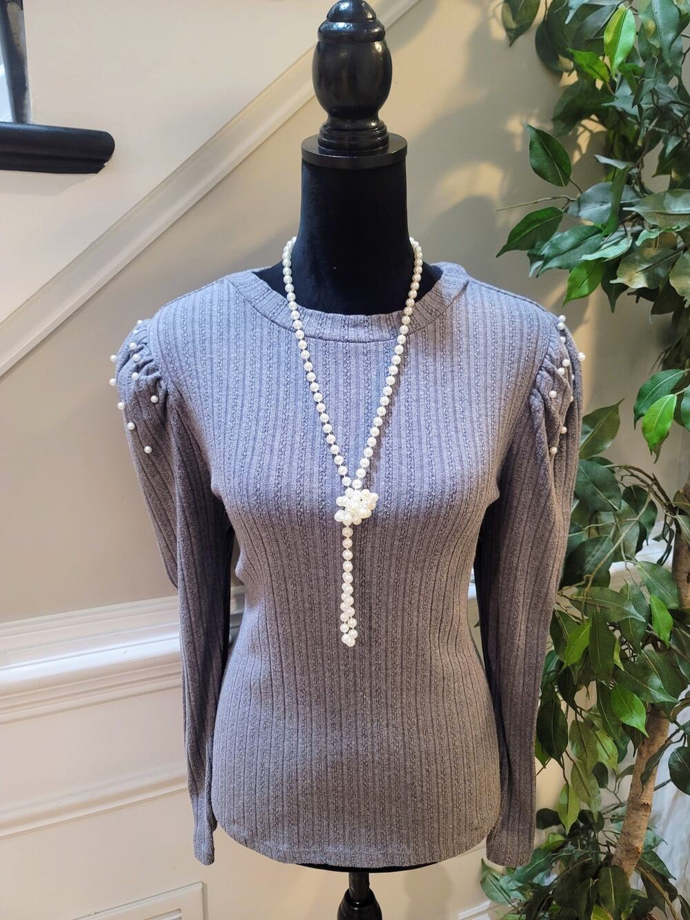 Design History Pullover Sweater Women's Large Gray Pearl Puff Shoulder Crew Neck
